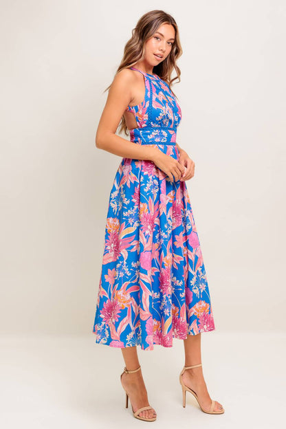 SOLANA MIDI DRESS BLUE PINK FLORAL HALTER DRESS