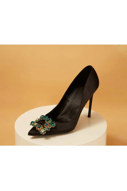 Navy Wedding Satin Pointed Toe Rhinestones Buckle Stiletto Heel Pumps