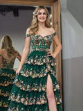 Green Crystal Sequins Princess A Line Off the Shoulder Prom Dress with Lace Ruffles