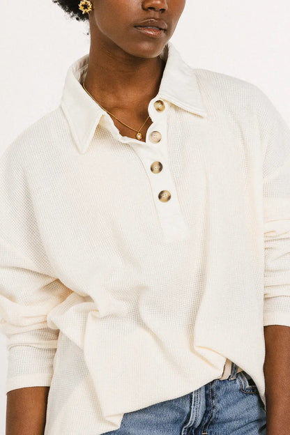 Isabelle Waffle Knit Henley Top in Cream FINAL SALE
