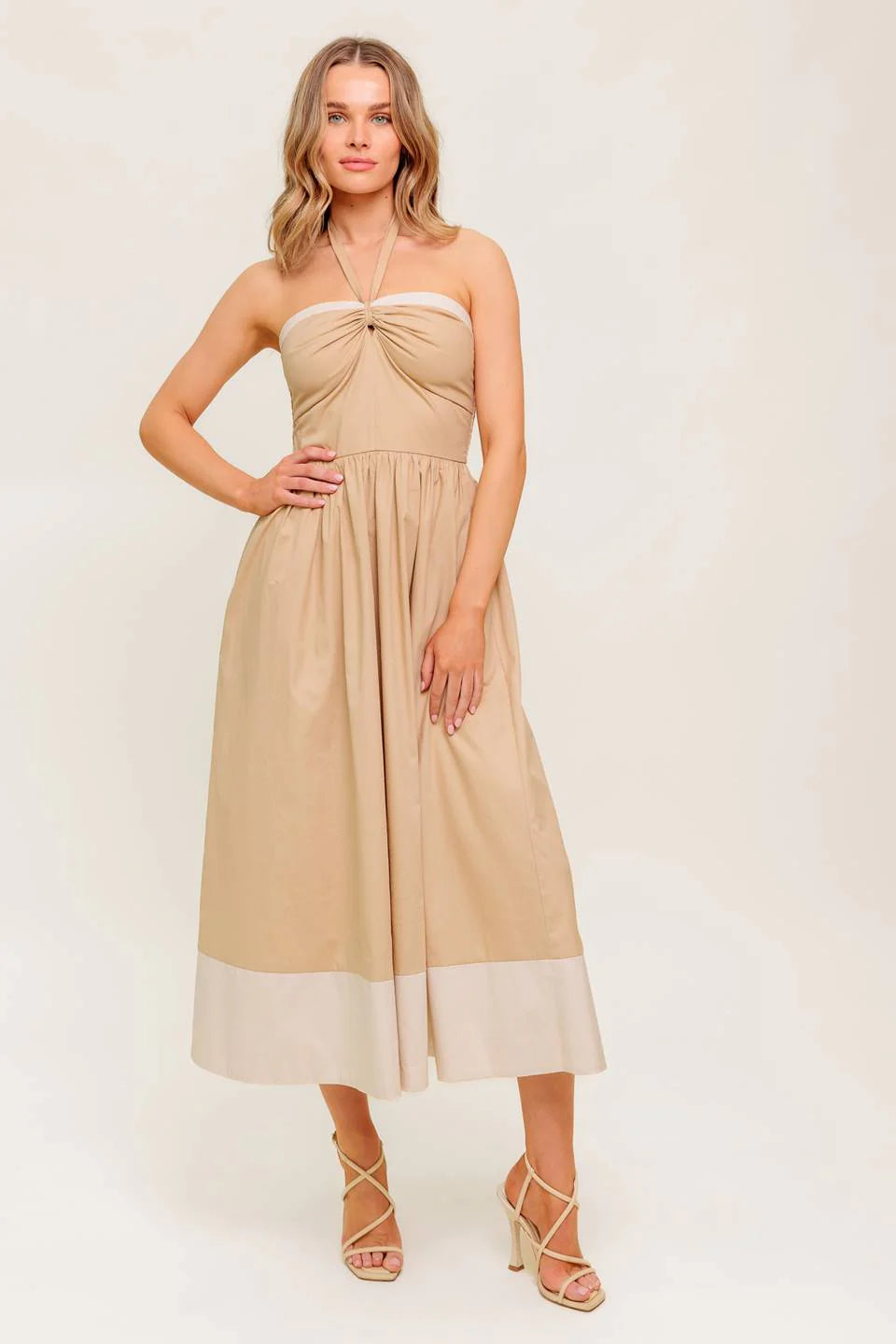 HYDRANGEA HAZE HALTER MIDI DRESS TAUPE