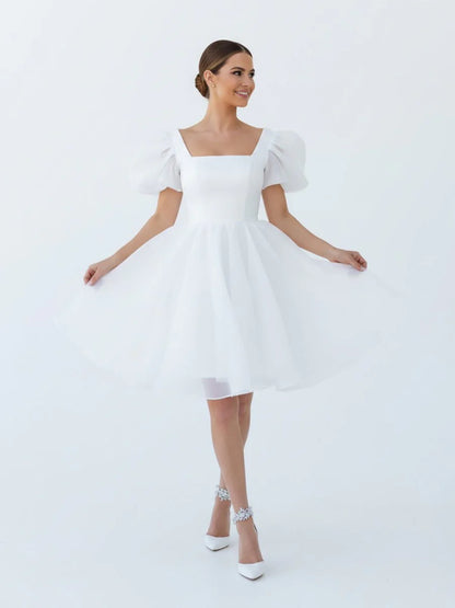 A Line Square Neck Short Wedding Dress With Puffy Pearls Sleeves