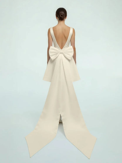 A Line Satin V Neck Short Wedding Dress with Large Bow