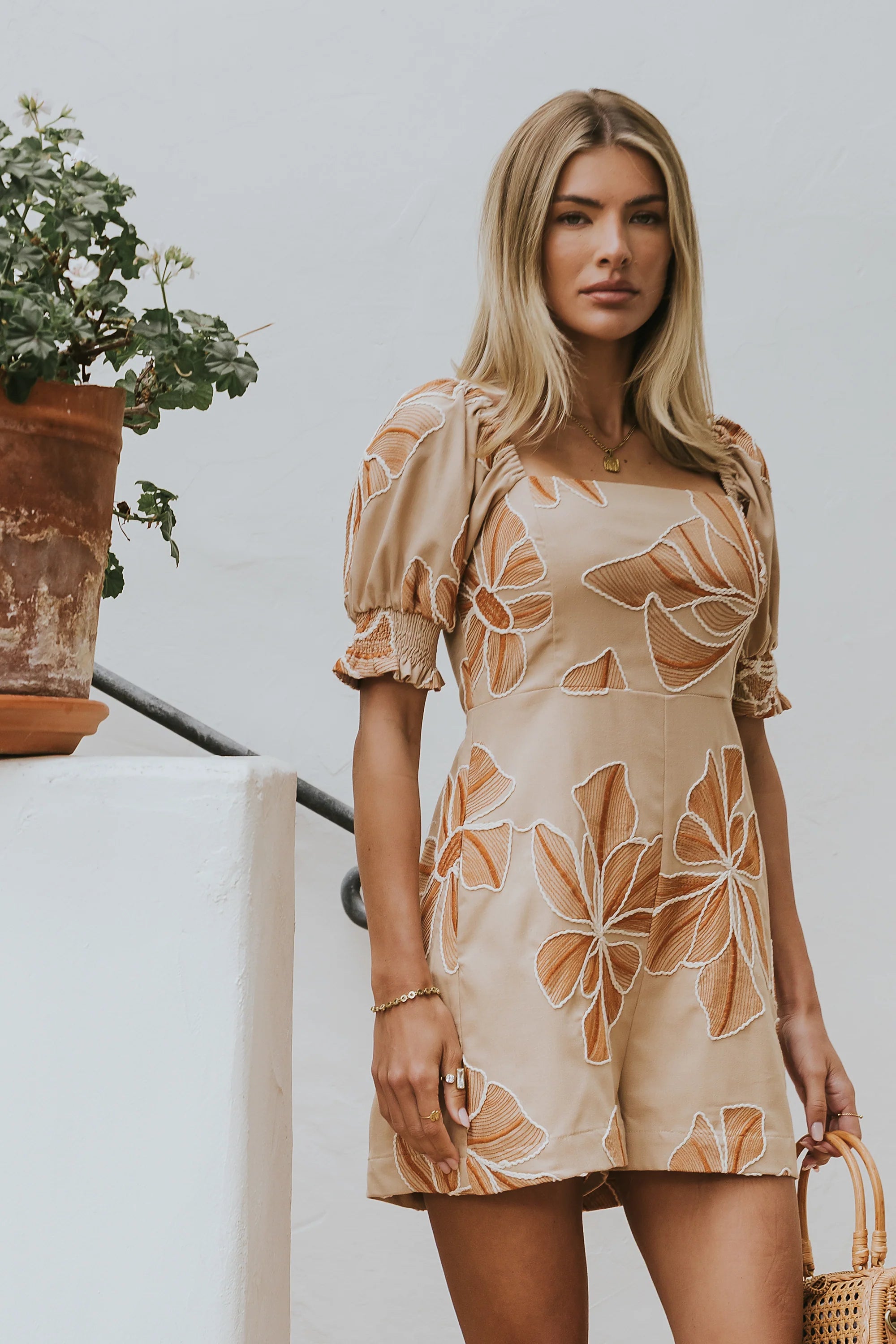 Mitsy Embroidered Floral Romper in Beige