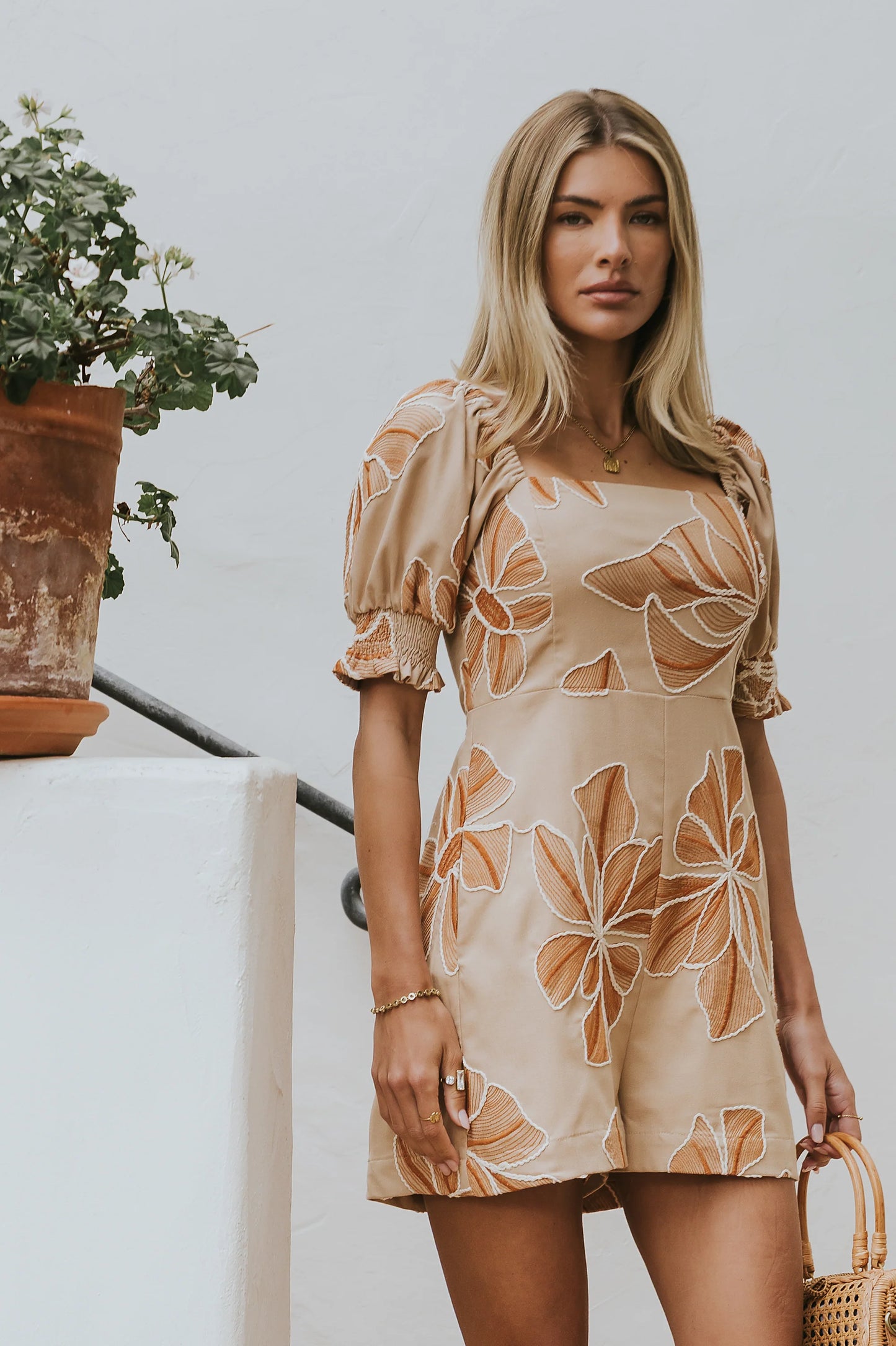 Mitsy Embroidered Floral Romper in Beige