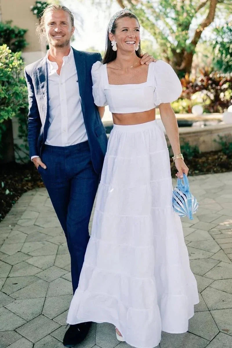 A Line Two Piece Square Neck Satin Long Wedding Dresses