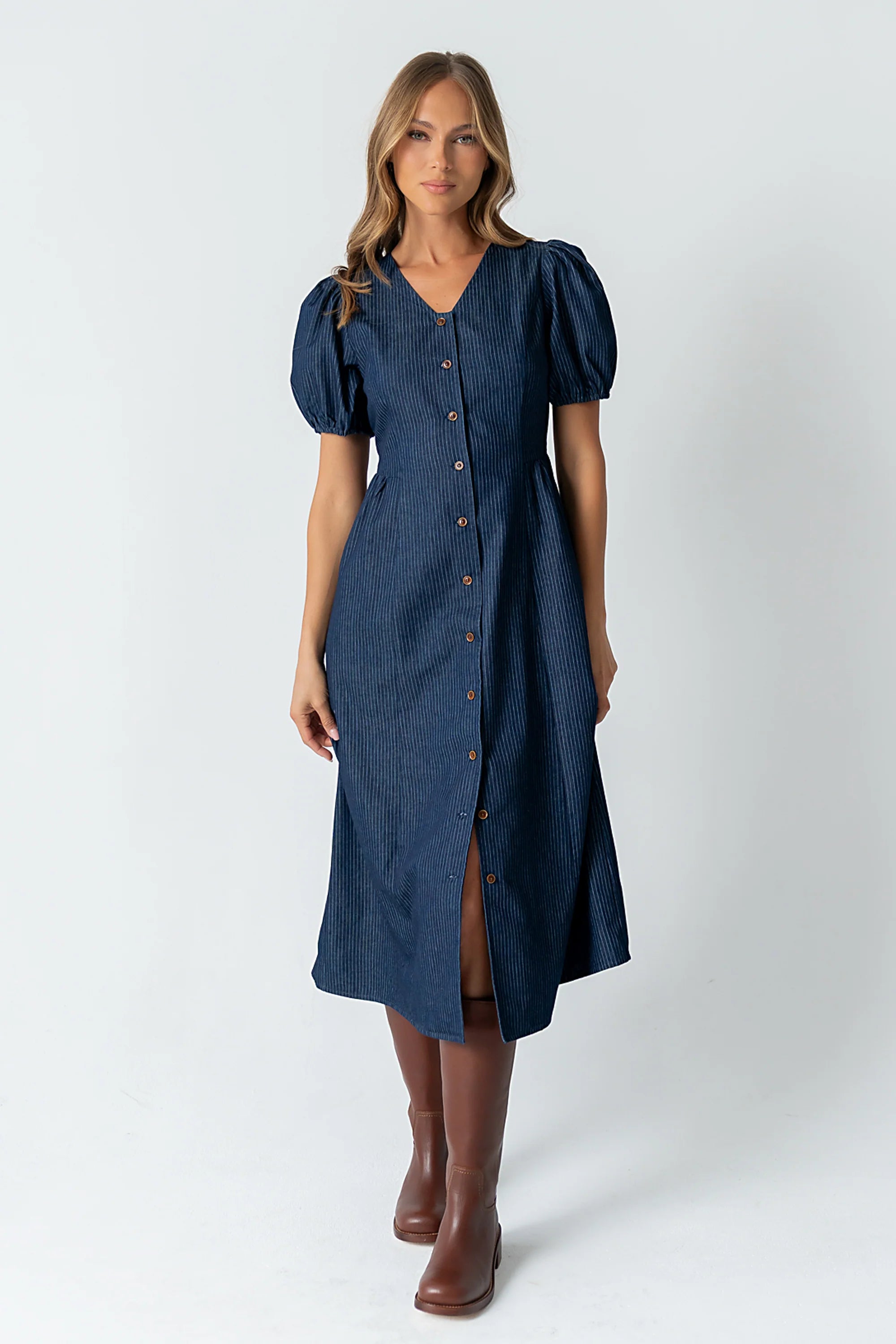 Conley Pinstripe Midi Dress in Medium Wash