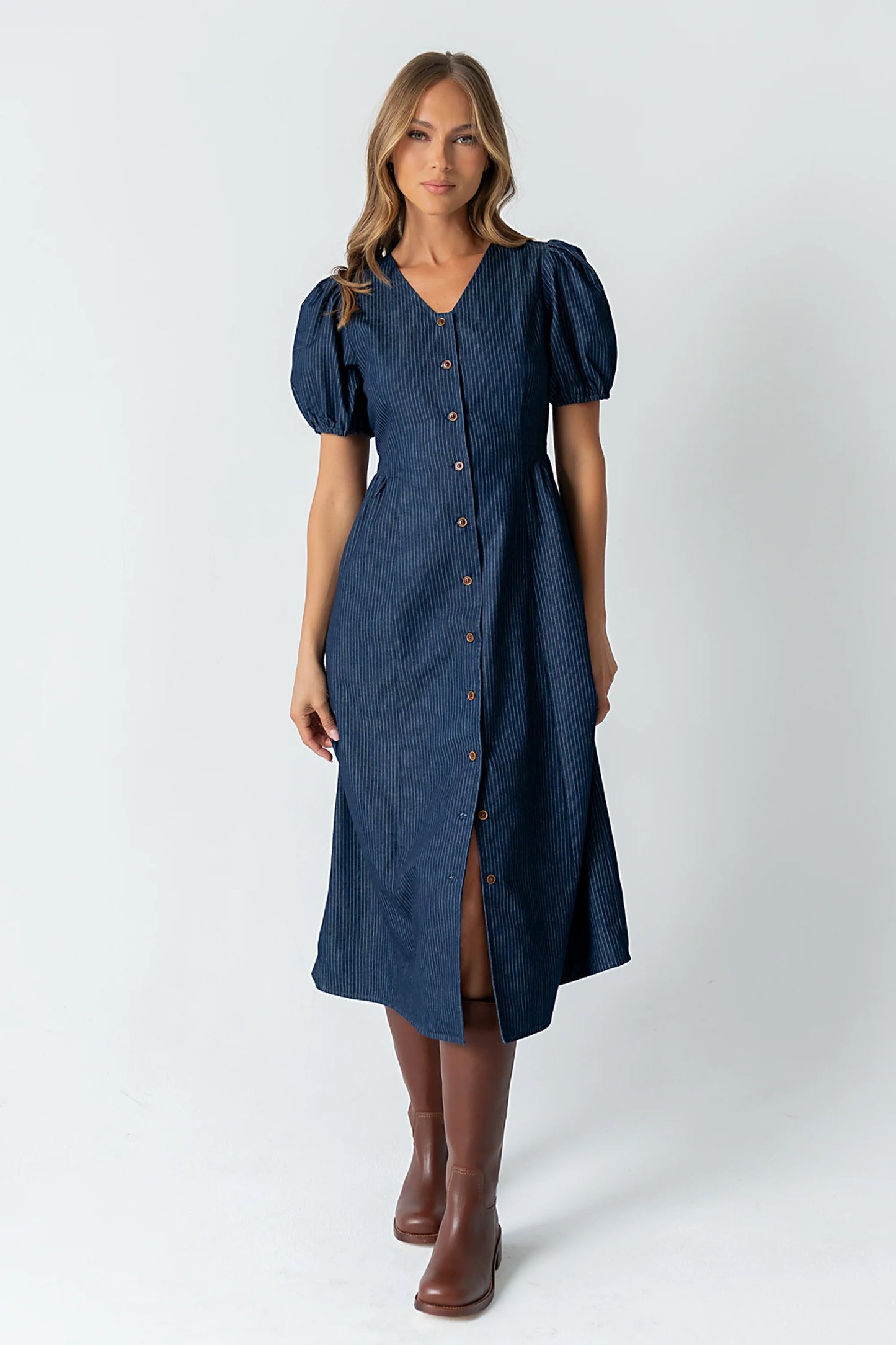 Conley Pinstripe Midi Dress in Medium Wash