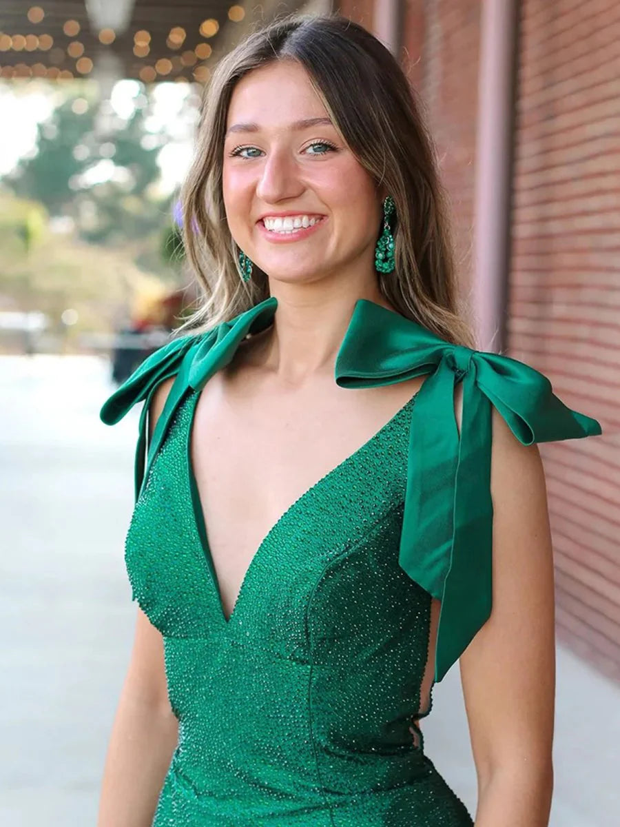 Sky Blue V Neck Mermaid Satin Long Prom Dress With Bow
