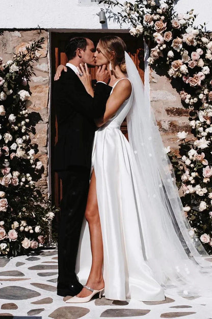 Attractive Deep V Neck White Satin Bohemian Wedding Dress