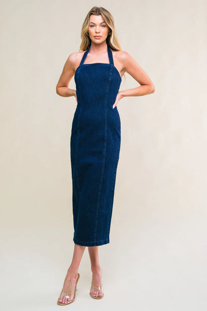 SO QUINTESSENTIAL BODYCON HALTER DENIM MIDI DRESS