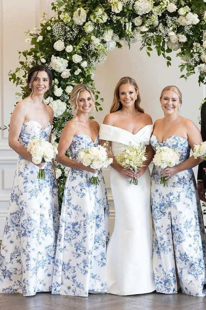 A line Strapless Printed Floarl Satin Long Bridesmaid Dresses