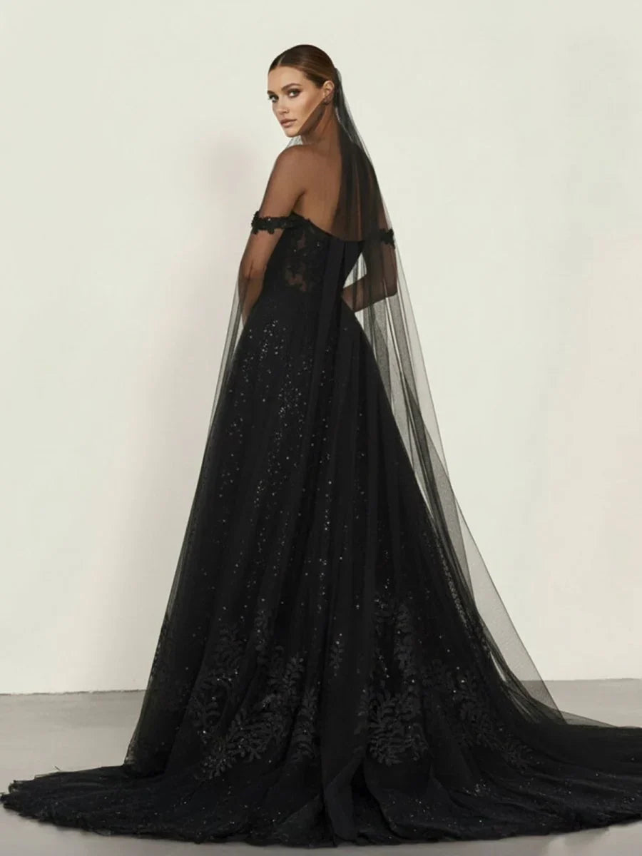 A Line Black Gothic Wedding Dresses with Sequin Lace Appliques