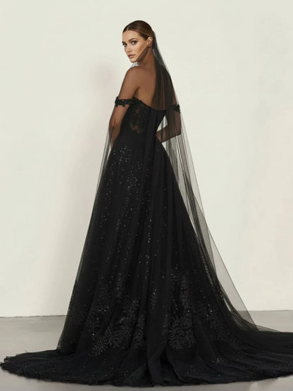 A Line Black Gothic Wedding Dresses with Sequin Lace Appliques
