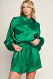 CELEBRATION TIME GREEN SATIN ROMPER WITH LONG SLEEVES