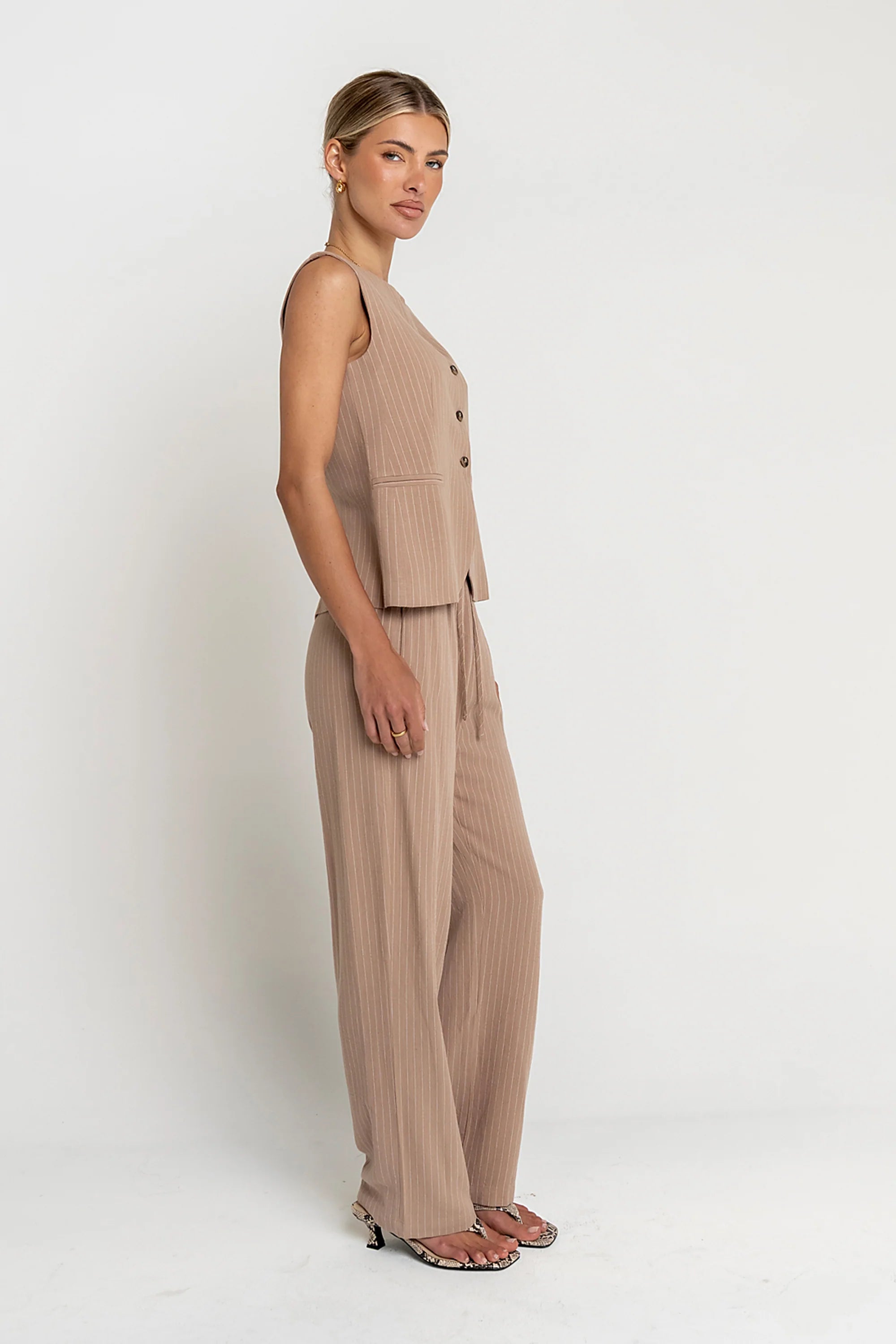 Vivienne Pinstripe Sleeveless Vest in Tan