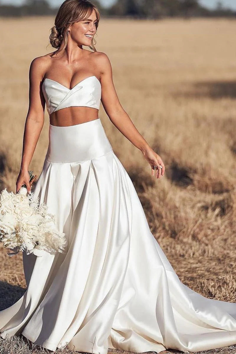 Charming A Line Two Piece Sweetheart Satin Wedding Dresses