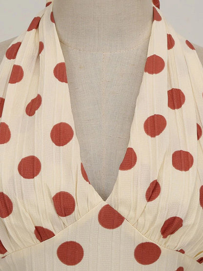 Polka Dots Halter Audrey Hepburn Style 1950S Vintage Dress With Bow Backless