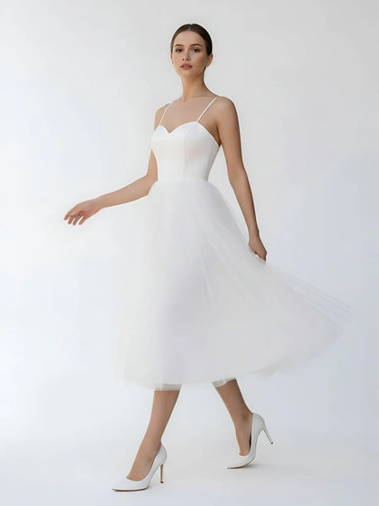 A Line Spaghetti Straps White Satin Tulle Tea Length Wedding Dresses