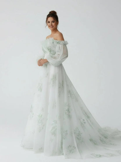 A Line Floral Appliqued Majesty Bridal Wedding Dress with Ruffles