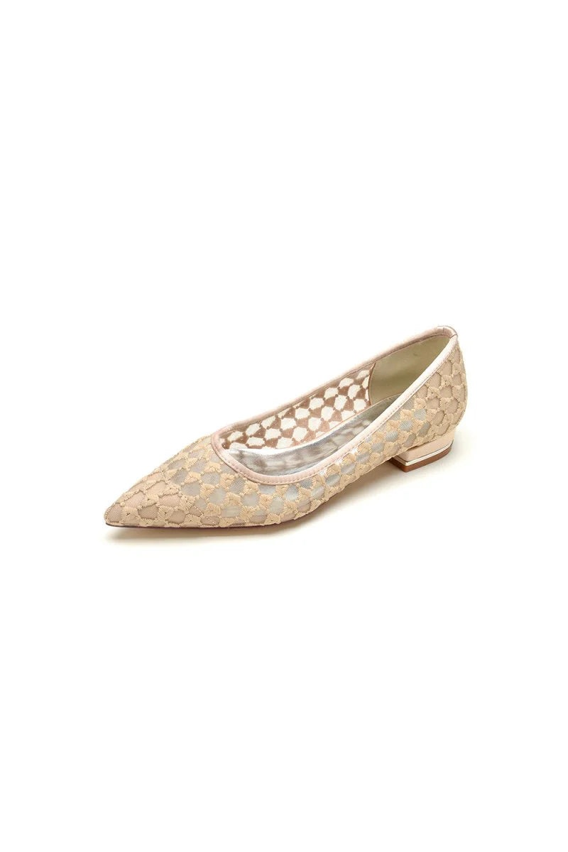 Pointed Toe Lace Wedding Flats Low Heel Bridal Shoes
