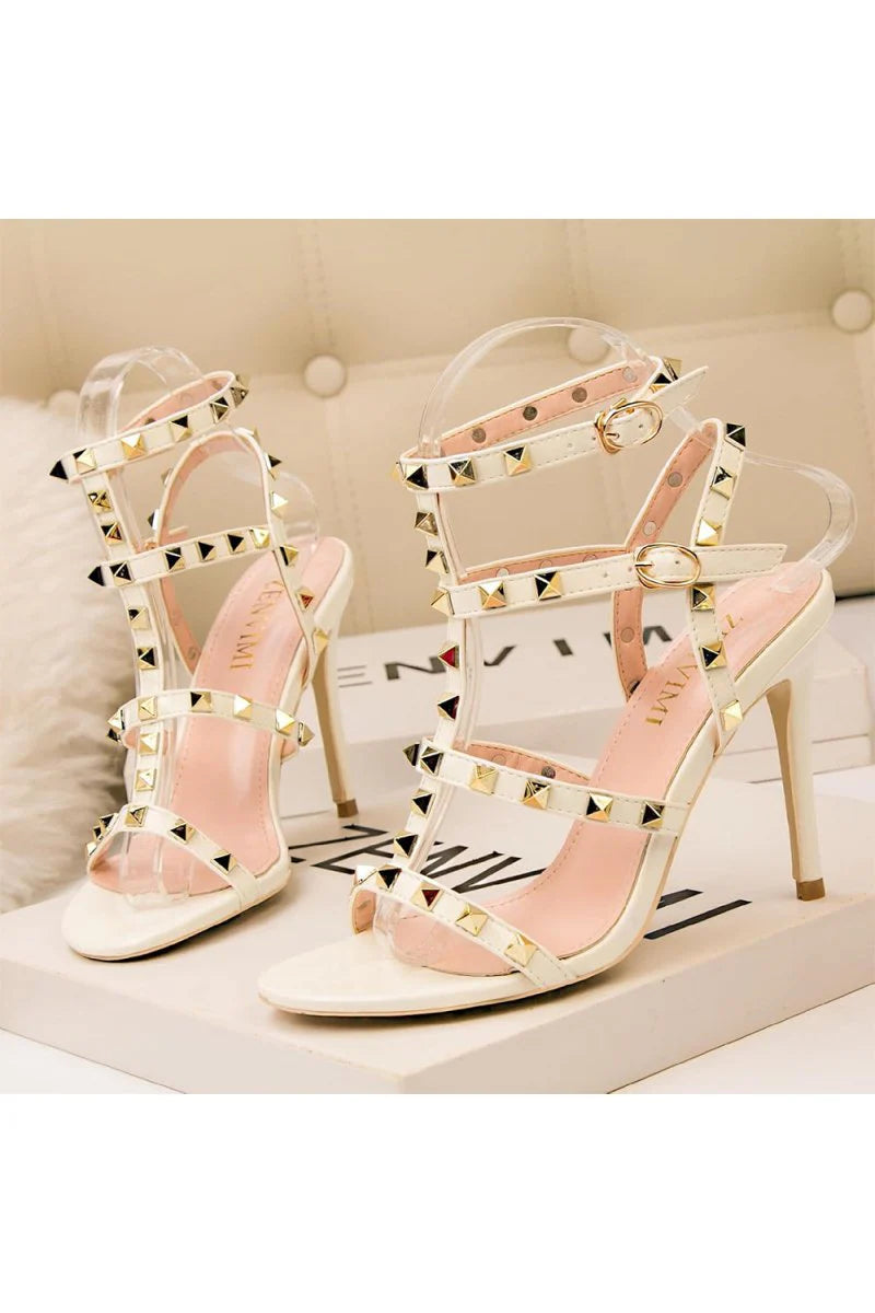 Studded Strappy Leather Open Toe High Heels