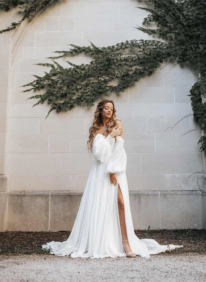 A Line Sweetheart Long Sleeves Chiffon Sweep Train Wedding Dress