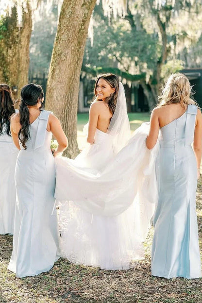 One Shoulder Stretch Matte Satin Sheath Long Bridesmaid Dresses