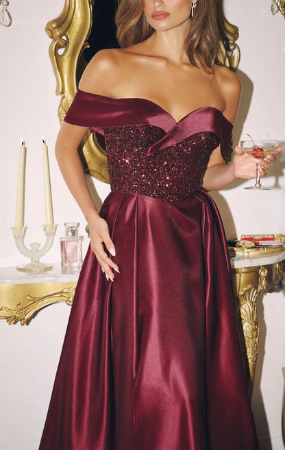 FANNING GOWN OFF THE SHOULDER SEQUIN CORSET SATIN DRESS