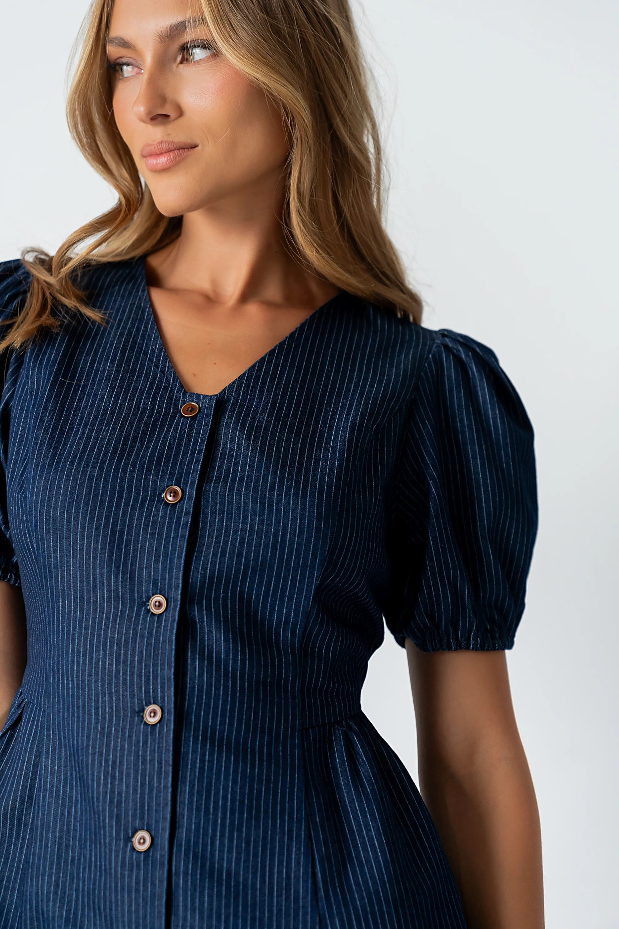 Conley Pinstripe Midi Dress in Medium Wash