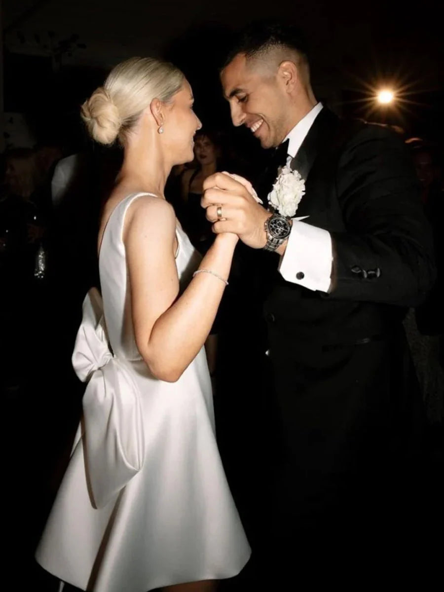 A Line White Satin V Neck Short Wedding Dress with Bow