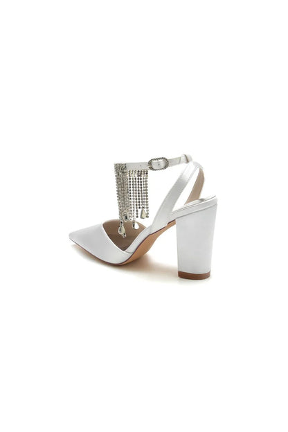 Pointed Toe Beading Tassel Satin Chunky Heels