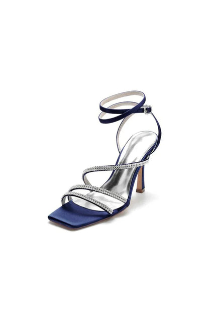 Multi Crystal Straps Square Open Toe Chunky Heels