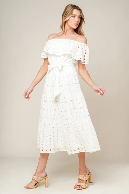 CATCHING MY BREATH EYELET MIDI DRESS