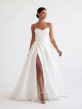 A Line White Sleeveless Satin Wedding Dress With Side Slit