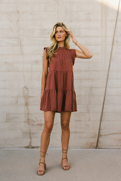 Regina Pleated Mini Dress in Brick FINAL SALE