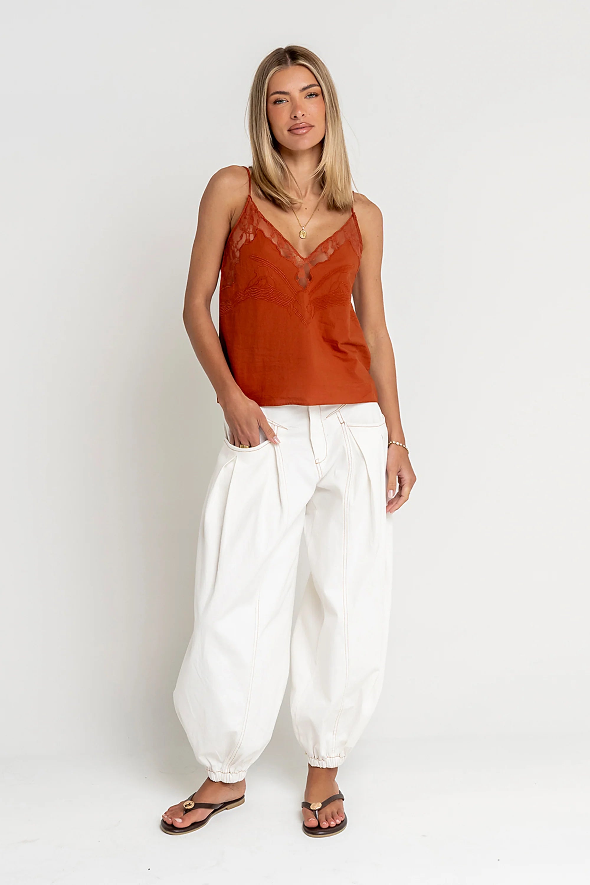 Lana Embroidered Tank Top in Rust