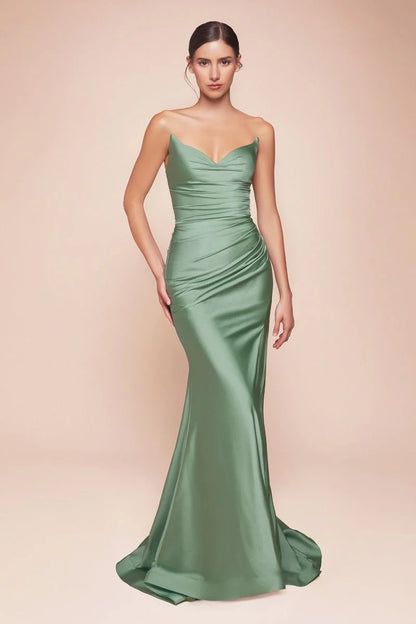 AVA POINTED V NECKLINE GOWN STRAPLESS STRETCH SPANDEX SATIN FITTED DRESS