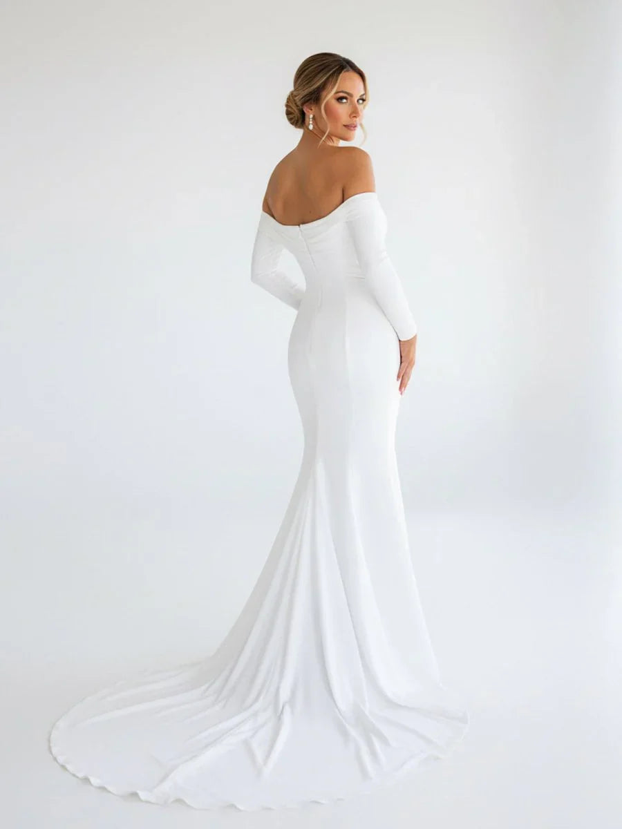 Simple White Boho Mermaid Long Wedding Dress with Sleeves