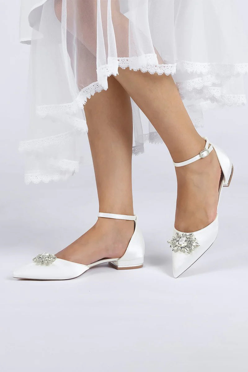 Pointed Toe Rhinestone Ankle Strap Kitten Heels
