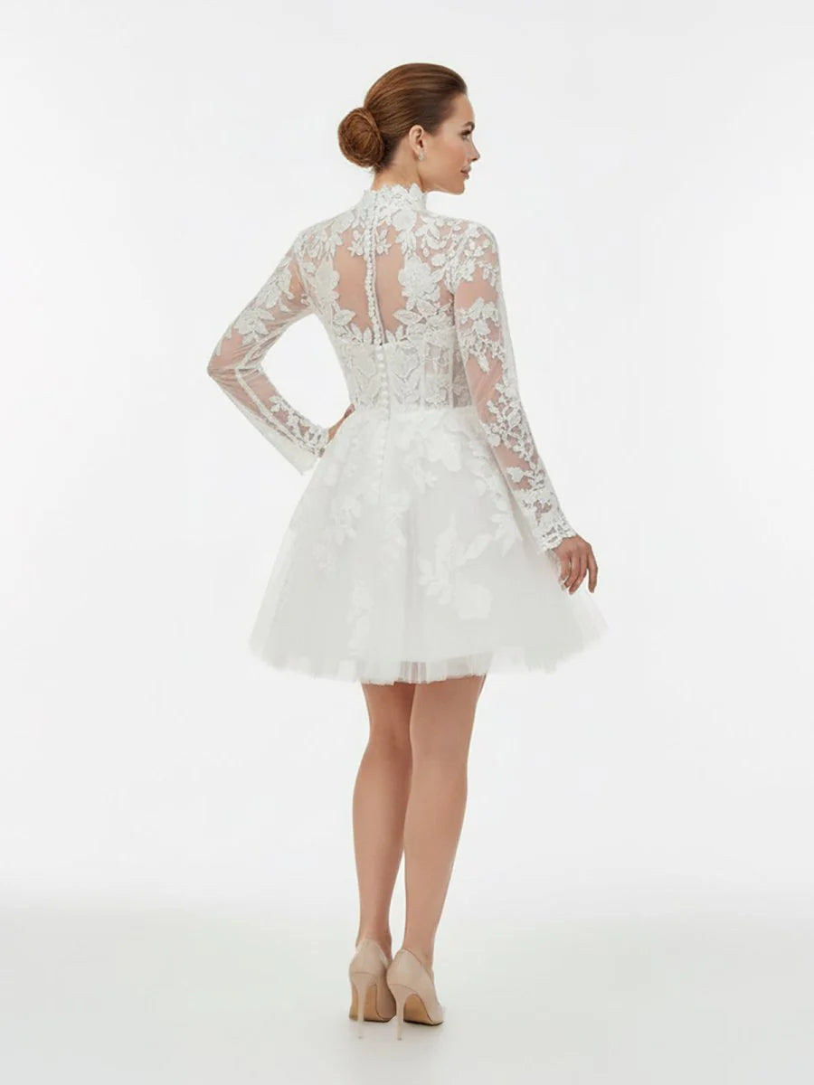 Short White A Line Illusion Neck Long Sleeves Lace Wedding Dresses