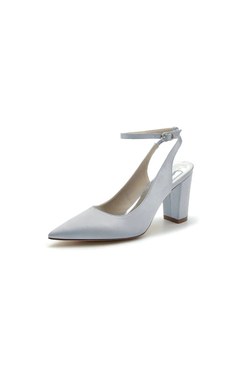 Satin Pointed Toe Ankle Strap Chunky Heels