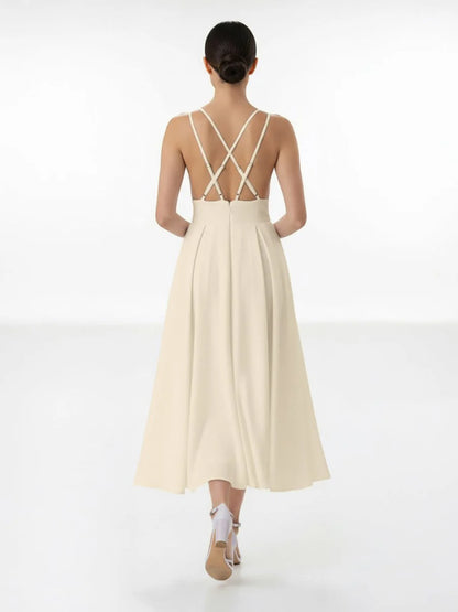 A Line V Neck Sleeveless Satin Knee Length Wedding Dress