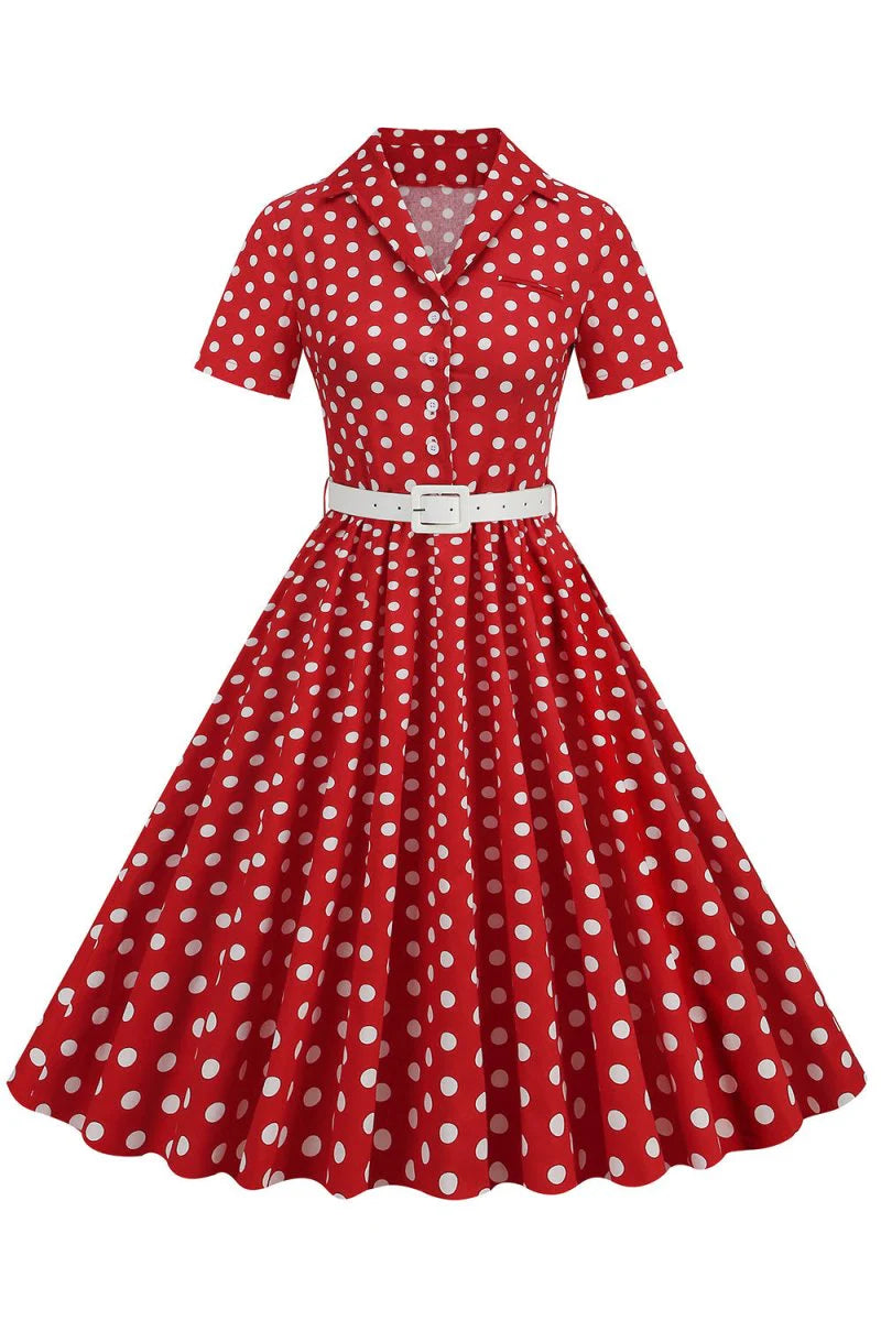 Hepburn Style V Neck Blue Polka Dots 1950s Dress