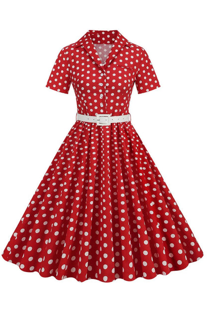 Hepburn Style V Neck Blue Polka Dots 1950s Dress