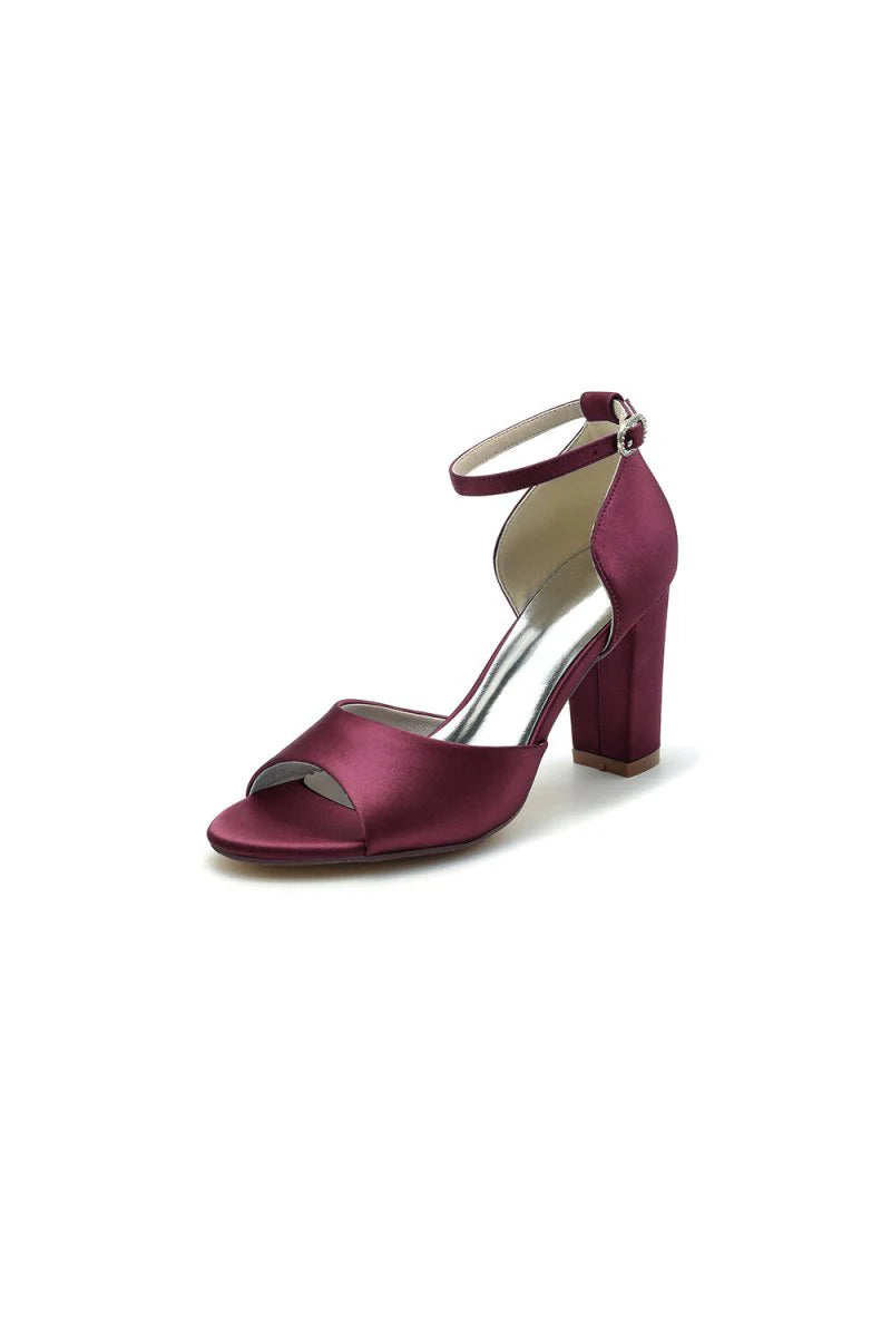 Simple Open Toe Ankle Strap Satin Chunky Heels