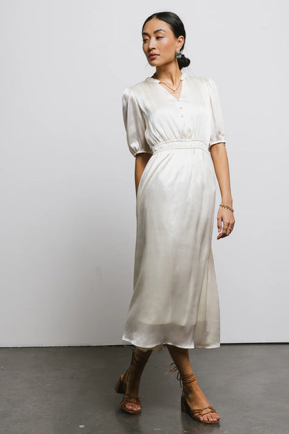 V Neck Satin Midi Dress in Cream