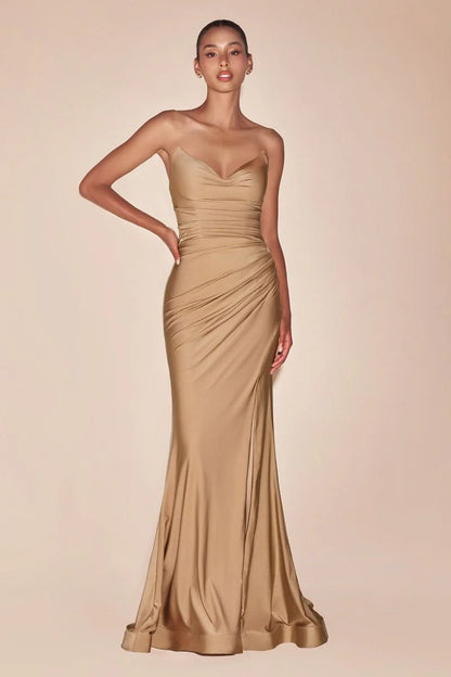 AVA POINTED V NECKLINE GOWN STRAPLESS STRETCH SPANDEX SATIN FITTED DRESS
