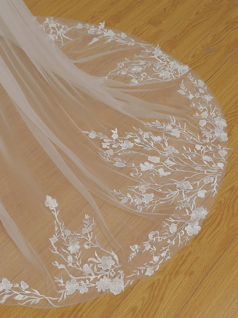 Simple Floral Lace Chapel Train Veil Bridal Veil Wedding Veil