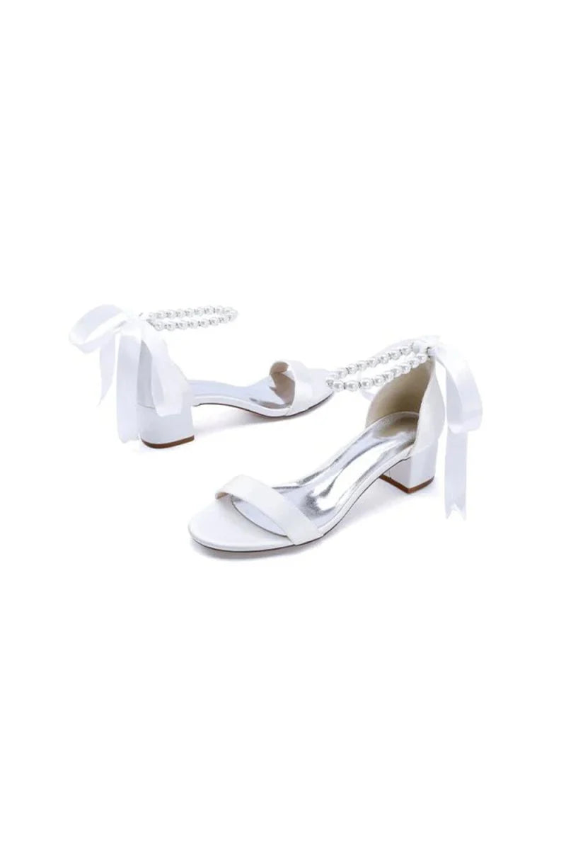 Block Heel Sandal Adorned with Pearl Ankle Band and Ribbon Bow